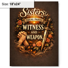 Sisters equal parts witness and weapon metal print on a plain backdrop in size 18"x24".