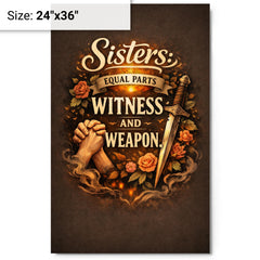 Sisters equal parts witness and weapon metal print on a plain backdrop in size 24"x36".
