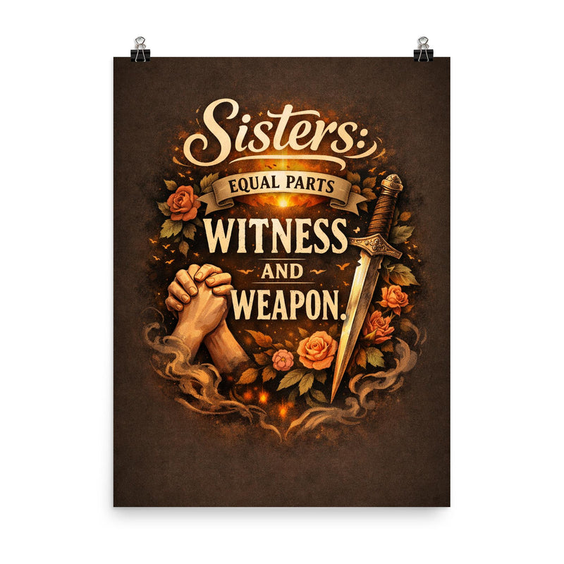 Sisters equal parts witness and weapon poster on a plain backdrop in size 8