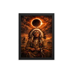 Sitting Bull under eclipse sky framed print on a plain backdrop in size 12"x16".