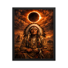 Sitting Bull under eclipse sky framed print on a plain backdrop in size 16"x20".