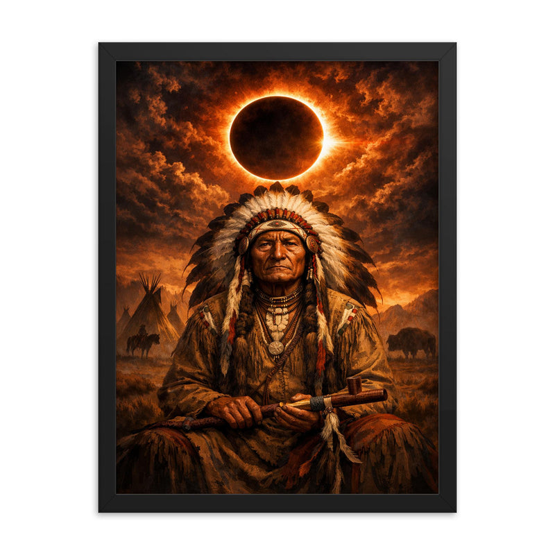 Sitting Bull under eclipse sky framed print on a plain backdrop in size 18