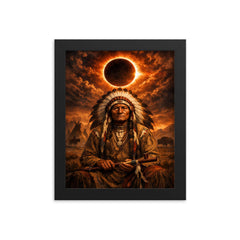 Sitting Bull under eclipse sky framed print on a plain backdrop in size 8"x10".