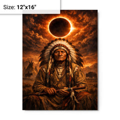 Sitting Bull under eclipse sky metal print on a plain backdrop in size 12"x16".