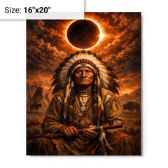 Sitting Bull under eclipse sky metal print on a plain backdrop in size 16"x20".