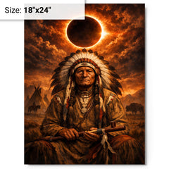 Sitting Bull under eclipse sky metal print on a plain backdrop in size 18"x24".