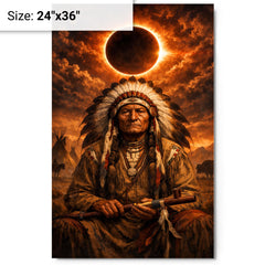 Sitting Bull under eclipse sky metal print on a plain backdrop in size 24"x36".