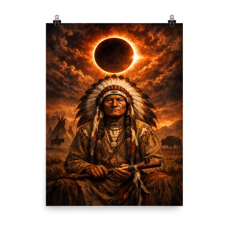 Sitting Bull under eclipse sky poster on a plain backdrop in size 8