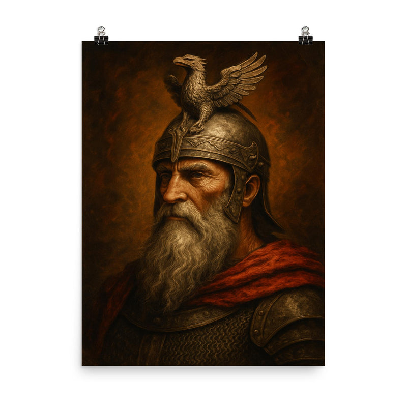 Skanderbeg eagle helm portrait poster on a plain backdrop in size 8