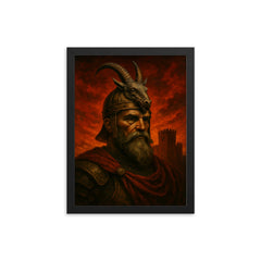 Skanderbeg goat helm portrait against crimson fortress sky framed print on a plain backdrop in size 12"x16".
