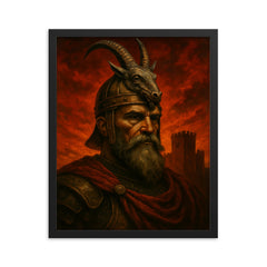 Skanderbeg goat helm portrait against crimson fortress sky framed print on a plain backdrop in size 16"x20".