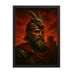 Skanderbeg goat helm portrait against crimson fortress sky framed print on a plain backdrop in size 18"x24".