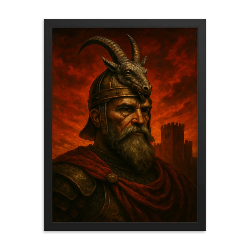 Skanderbeg goat helm portrait against crimson fortress sky framed print on a plain backdrop in size 18