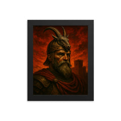 Skanderbeg goat helm portrait against crimson fortress sky framed print on a plain backdrop in size 8"x10".