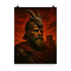 Skanderbeg goat helm portrait against crimson fortress sky poster on a plain backdrop in size 8"x10".