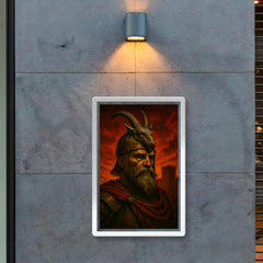 Skanderbeg goat helm portrait against crimson fortress sky poster 2