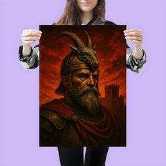 Skanderbeg goat helm portrait against crimson fortress sky poster 3