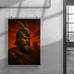 Skanderbeg goat helm portrait against crimson fortress sky poster 4