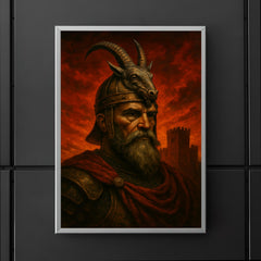 Skanderbeg goat helm portrait against crimson fortress sky poster 5