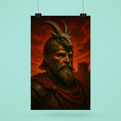 Skanderbeg goat helm portrait against crimson fortress sky poster 6