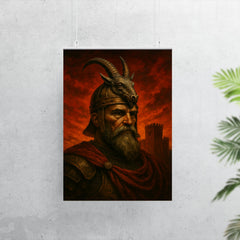 Skanderbeg goat helm portrait against crimson fortress sky poster 7