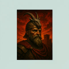 Skanderbeg goat helm portrait against crimson fortress sky poster 8