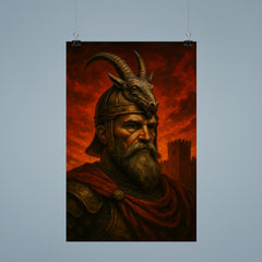 Skanderbeg goat helm portrait against crimson fortress sky poster 9