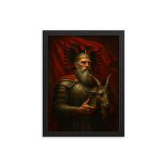 Skanderbeg holding goat helmet before crimson standard framed print on a plain backdrop in size 12"x16".