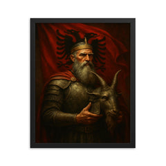 Skanderbeg holding goat helmet before crimson standard framed print on a plain backdrop in size 16"x20".