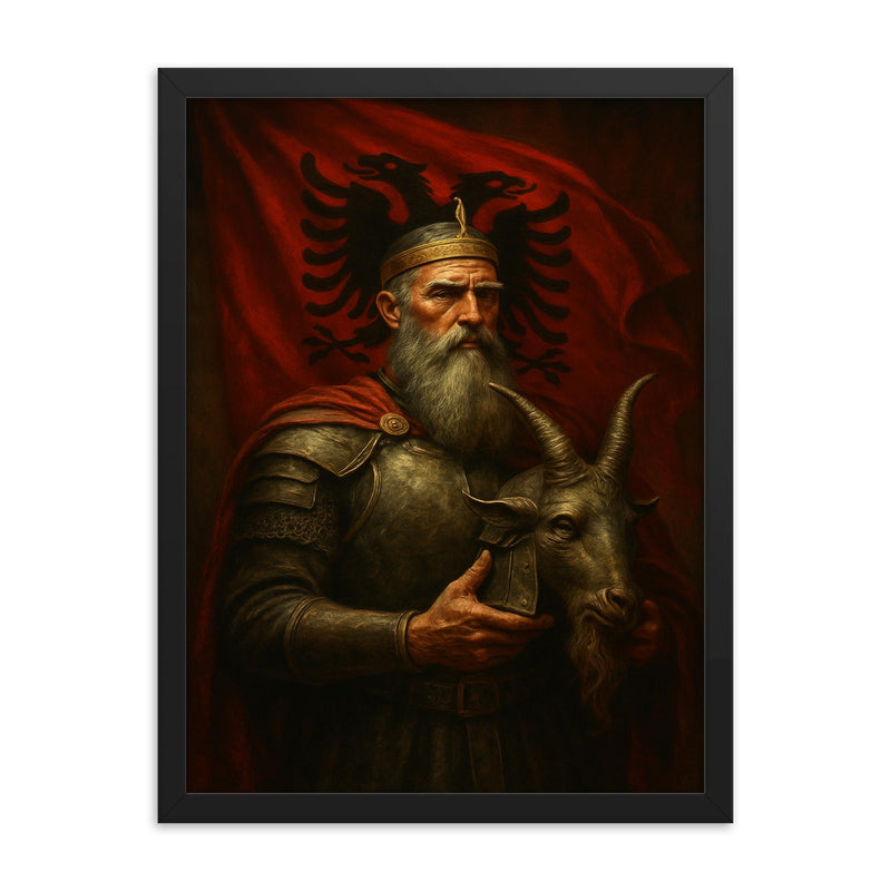 Skanderbeg holding goat helmet before crimson standard framed print on a plain backdrop in size 18