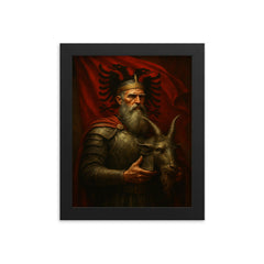 Skanderbeg holding goat helmet before crimson standard framed print on a plain backdrop in size 8"x10".