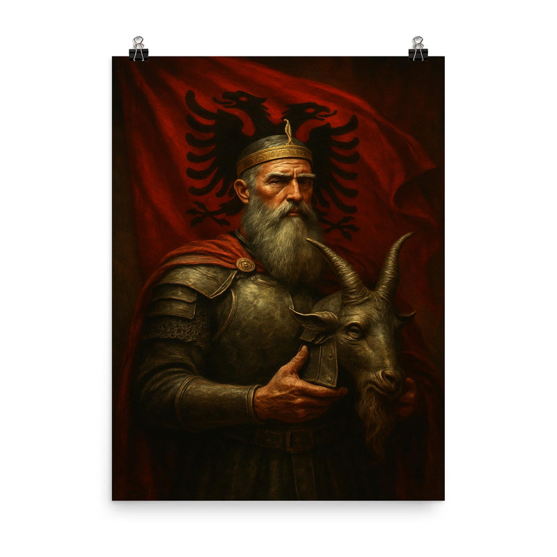 Skanderbeg holding goat helmet before crimson standard poster on a plain backdrop in size 8