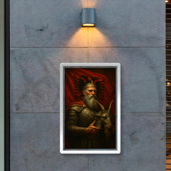Skanderbeg holding goat helmet before crimson standard poster 2