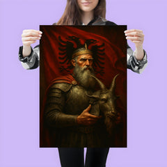 Skanderbeg holding goat helmet before crimson standard poster 3