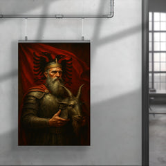 Skanderbeg holding goat helmet before crimson standard poster 4