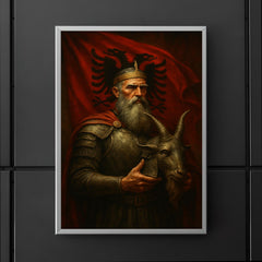 Skanderbeg holding goat helmet before crimson standard poster 5