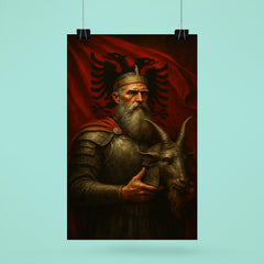 Skanderbeg holding goat helmet before crimson standard poster 6