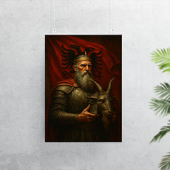 Skanderbeg holding goat helmet before crimson standard poster 7