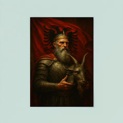 Skanderbeg holding goat helmet before crimson standard poster 8