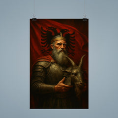 Skanderbeg holding goat helmet before crimson standard poster 9