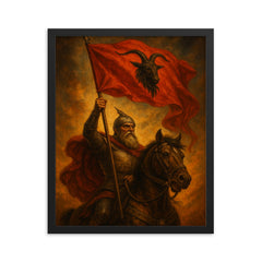 Skanderbeg raising goat helmed standard framed print on a plain backdrop in size 16"x20".