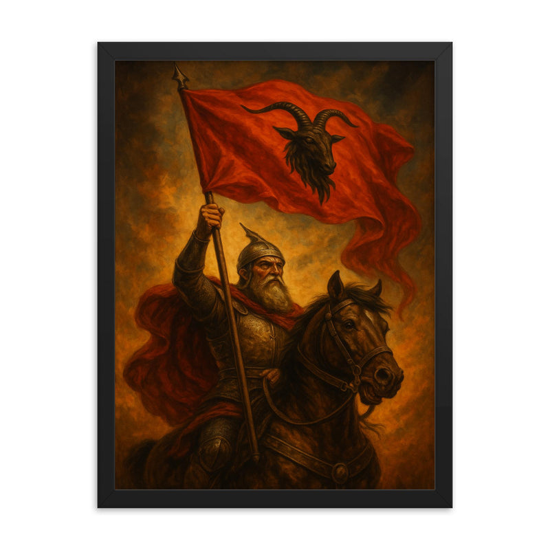 Skanderbeg raising goat helmed standard framed print on a plain backdrop in size 18