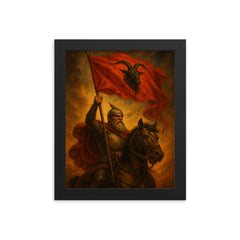 Skanderbeg raising goat helmed standard framed print on a plain backdrop in size 8"x10".