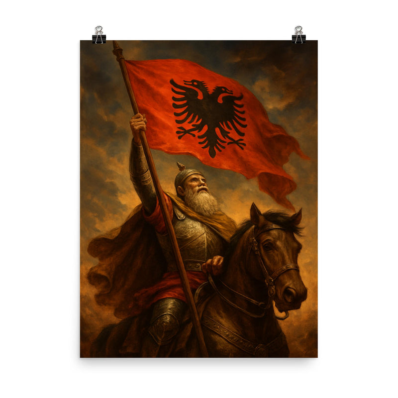 Skanderbeg raising the double headed eagle standard poster on a plain backdrop in size 8