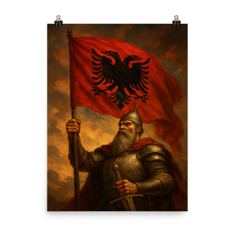 Skanderbeg raising the double headed eagle standard poster on a plain backdrop in size 8
