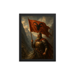 Skanderbeg with goat helmed banner in mountain pass framed print on a plain backdrop in size 12"x16".