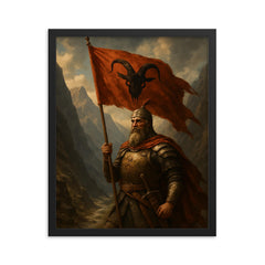 Skanderbeg with goat helmed banner in mountain pass framed print on a plain backdrop in size 16"x20".