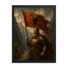 Skanderbeg with goat helmed banner in mountain pass framed print on a plain backdrop in size 18"x24".