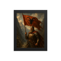 Skanderbeg with goat helmed banner in mountain pass framed print on a plain backdrop in size 8"x10".