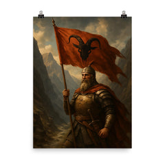 Skanderbeg with goat helmed banner in mountain pass poster on a plain backdrop in size 8"x10".